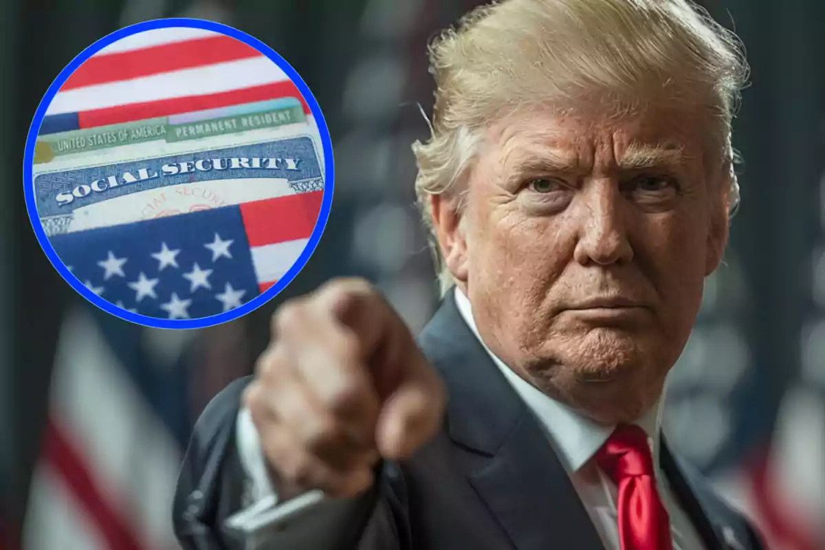 Blond-haired man in a suit and red tie pointing forward with a circular image of U.S. Social Security and permanent residency documents over an American flag.