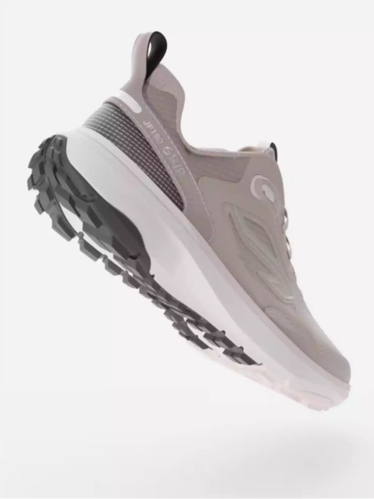 Sabata esportiva beix amb sola gruixuda i detalls en gris vista des d’un angle posterior mostrant el disseny de la sola i el taló