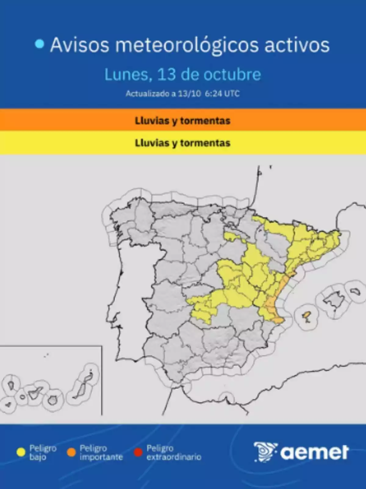 Mapa d’Espanya amb avisos meteorològics actius per pluges i tempestes en diverses regions assenyalades en groc i taronja indicant diferents nivells de perill per al dilluns, 13 d’octubre de 2025.