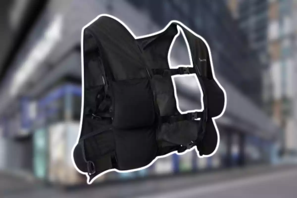 Armilla tàctica negra amb diverses butxaques i corretges ajustables sobre un fons urbà desenfocat Armilla tàctica negra amb diverses butxaques i corretges ajustables sobre un fons urbà desenfocat