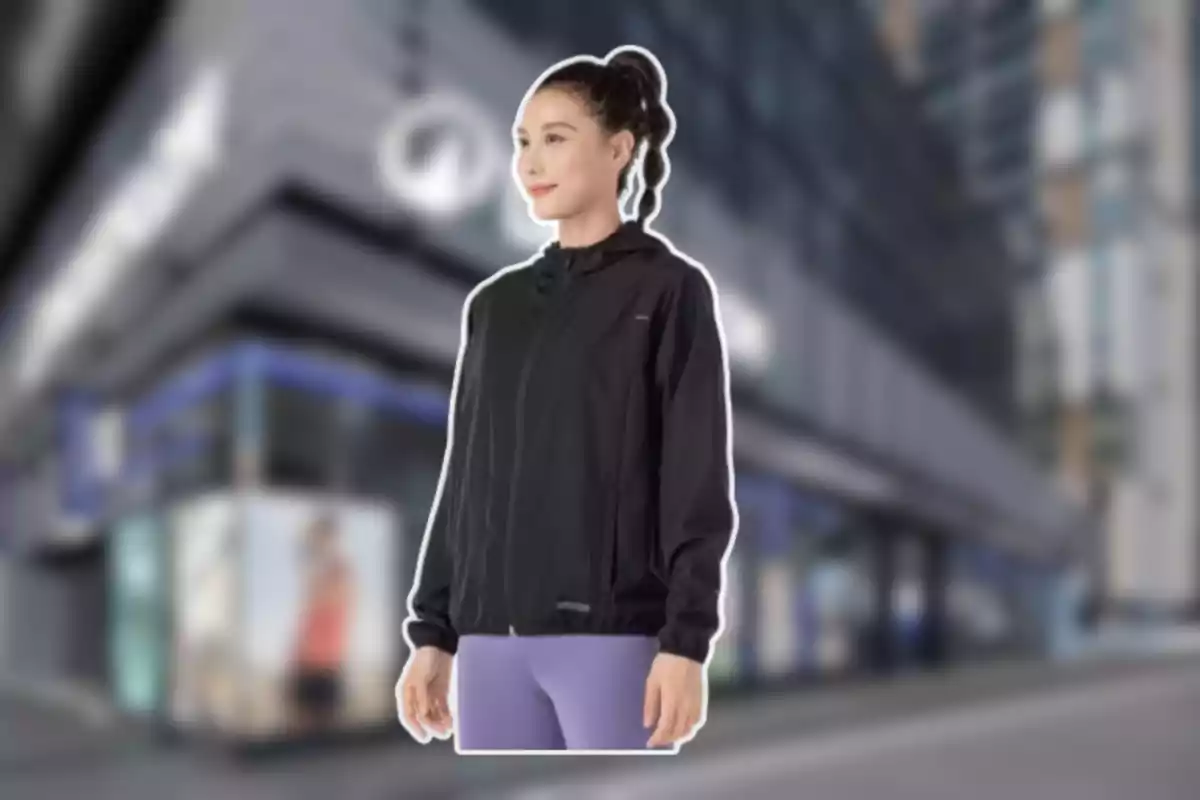 Dona amb jaqueta negra i pantalons esportius morats dreta davant d’un edifici modern desenfocat