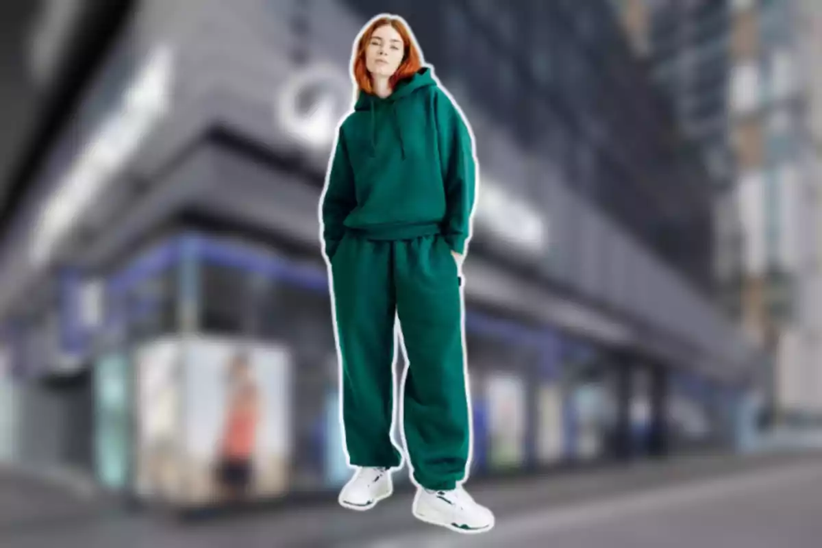 Persona amb cabells rogencs portant un conjunt esportiu verd i sabatilles blanques, dempeus davant d’un edifici urbà desenfocat