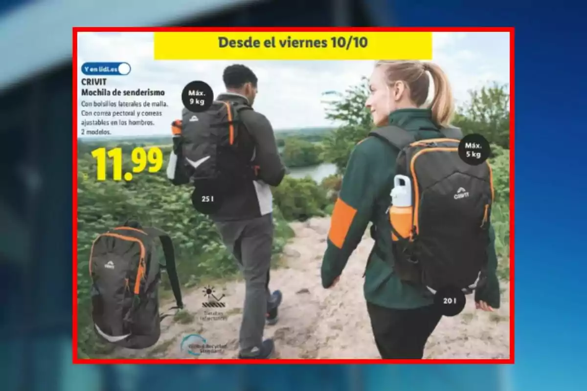Dos personas caminando por un sendero con mochilas de senderismo Crivit, una de 25 litros y otra de 20 litros, con un precio de 11.99 euros y promoción disponible desde el viernes, 10 de octubre, en Lidl. Dos personas caminando por un sendero con mochilas de senderismo Crivit, una de 25 litros y otra de 20 litros, con un precio de 11.99 euros y promoción disponible desde el viernes, 10 de octubre, en Lidl.
