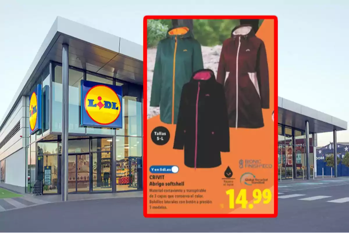 Fachada de una tienda Lidl con un anuncio de abrigos softshell en oferta por 14,99 euros en la parte derecha de la imagen Fachada de una tienda Lidl con un anuncio de abrigos softshell en oferta por 14,99 euros en la parte derecha de la imagen