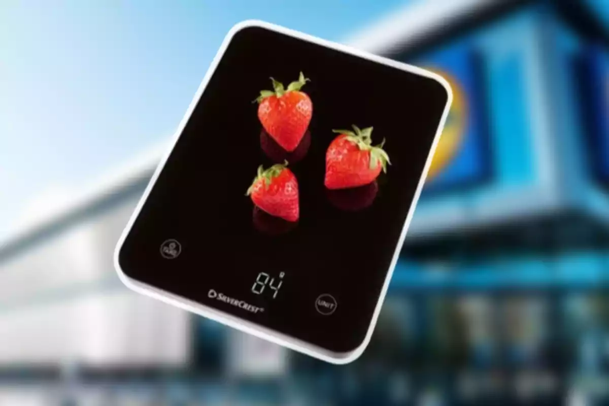 Bàscula digital negra amb tres maduixes a sobre mostrant un pes de 84 grams davant d’un fons desenfocat d’un edifici. Bàscula digital negra amb tres maduixes a sobre mostrant un pes de 84 grams davant d’un fons desenfocat d’un edifici.