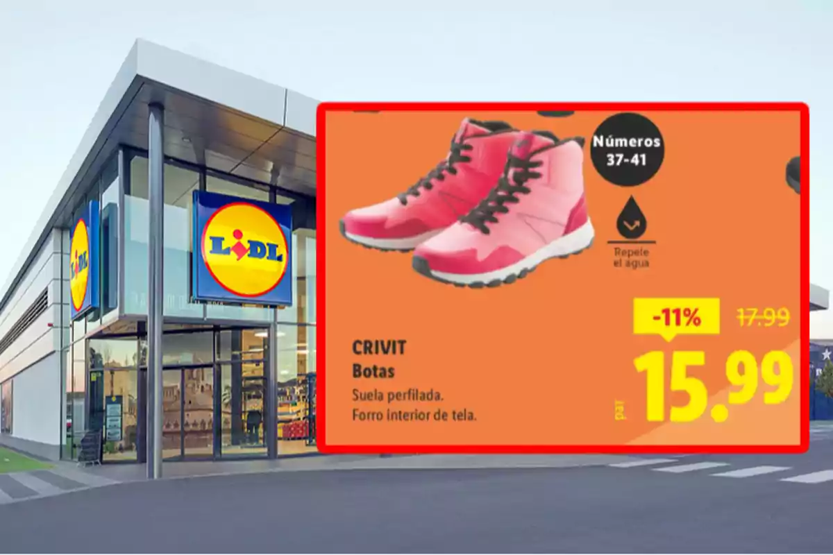 Botiga Lidl amb anunci de botes esportives roses en oferta a 15,99 euros