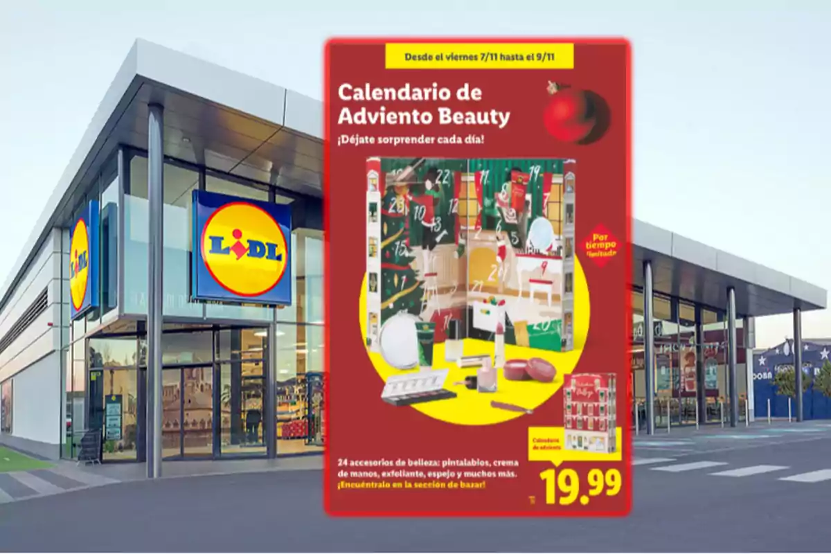 Façana d’una botiga Lidl amb un cartell promocional d’un calendari d’advent de bellesa que inclou diversos productes i un preu destacat de 19,99 euros. Façana d’una botiga Lidl amb un cartell promocional d’un calendari d’advent de bellesa que inclou diversos productes i un preu destacat de 19,99 euros.