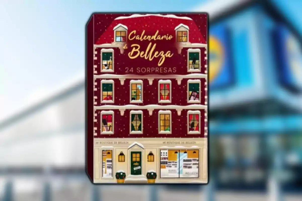 Calendari d’Advent de bellesa amb disseny d’edifici vermell i finestres decorades amb neu i llums Calendari d’Advent de bellesa amb disseny d’edifici vermell i finestres decorades amb neu i llums