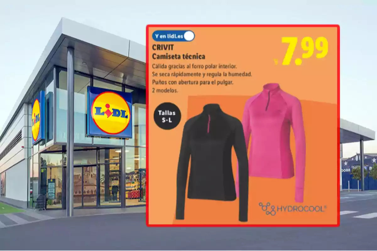 Façana d’una botiga Lidl amb un anunci de samarretes tècniques Crivit en colors negre i rosa, disponibles en talles S a L, amb un preu de 7,99 euros. Façana d’una botiga Lidl amb un anunci de samarretes tècniques Crivit en colors negre i rosa, disponibles en talles S a L, amb un preu de 7,99 euros.