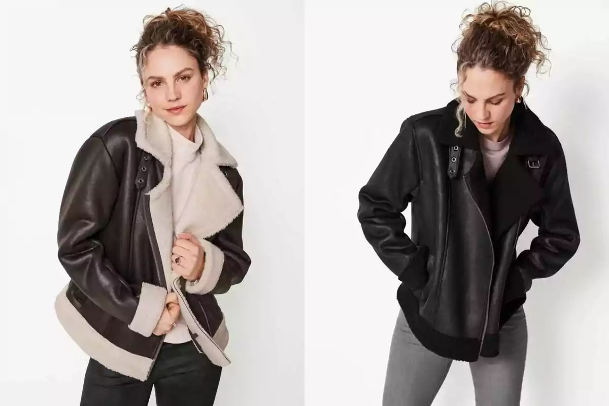 Dona amb jaqueta tipus aviador en dos colors diferents posant davant d’un fons blanc Dona amb jaqueta tipus aviador en dos colors diferents posant davant d’un fons blanc