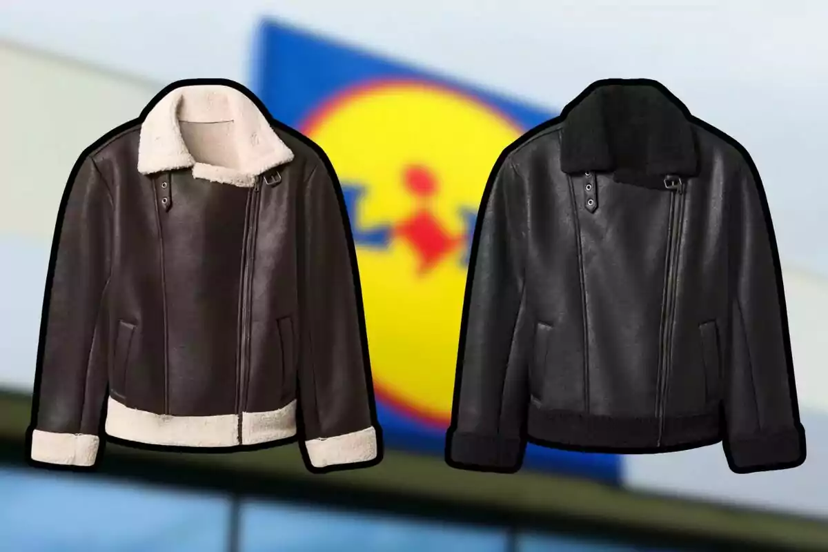 Dues jaquetes tipus aviador, una amb folre blanc i l’altra completament negra, sobre un fons desenfocat amb el logotip de Lidl. Dues jaquetes tipus aviador, una amb folre blanc i l’altra completament negra, sobre un fons desenfocat amb el logotip de Lidl.