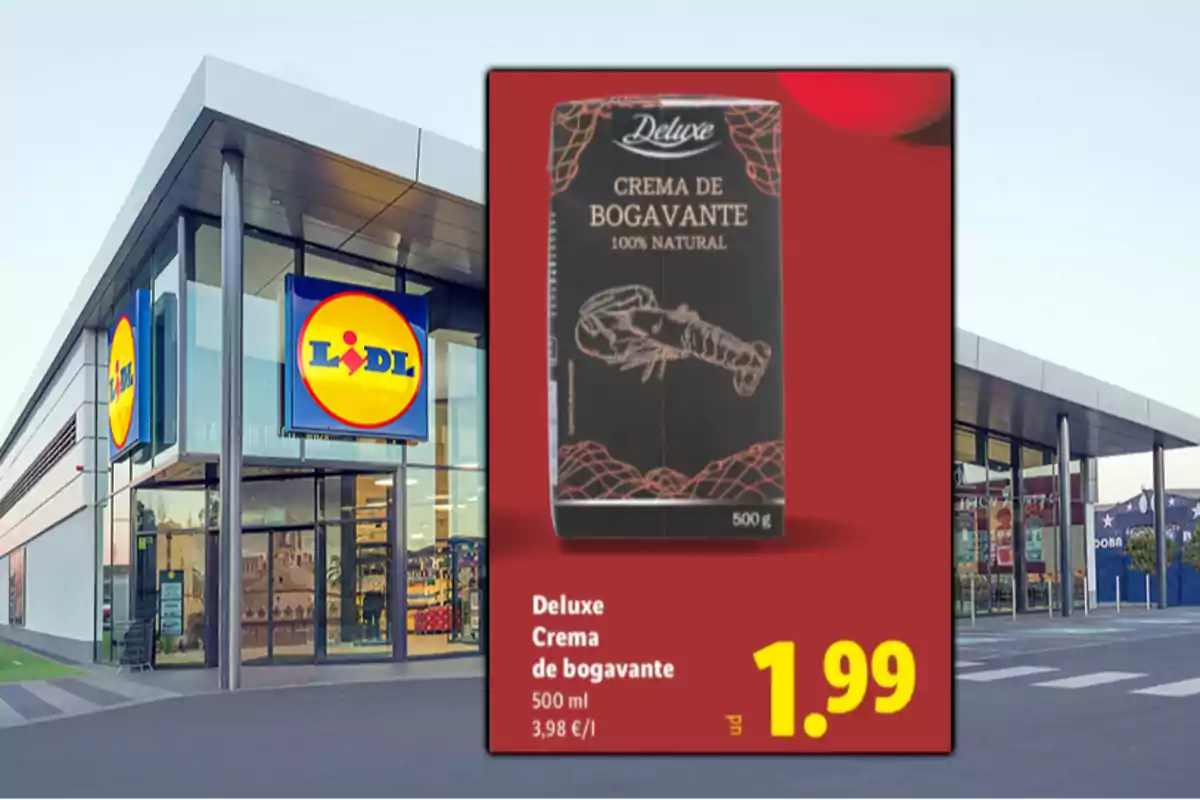 Façana d’un supermercat Lidl amb un cartell promocional de crema de llamàntol Deluxe de 500 ml a 1,99 euros Façana d’un supermercat Lidl amb un cartell promocional de crema de llamàntol Deluxe de 500 ml a 1,99 euros