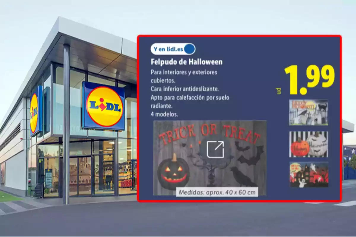 Façana d’una botiga Lidl amb un anunci de catifes de Halloween en oferta per 1,99 euros, mostrant diversos models decoratius i característiques del producte. Façana d’una botiga Lidl amb un anunci de catifes de Halloween en oferta per 1,99 euros, mostrant diversos models decoratius i característiques del producte.