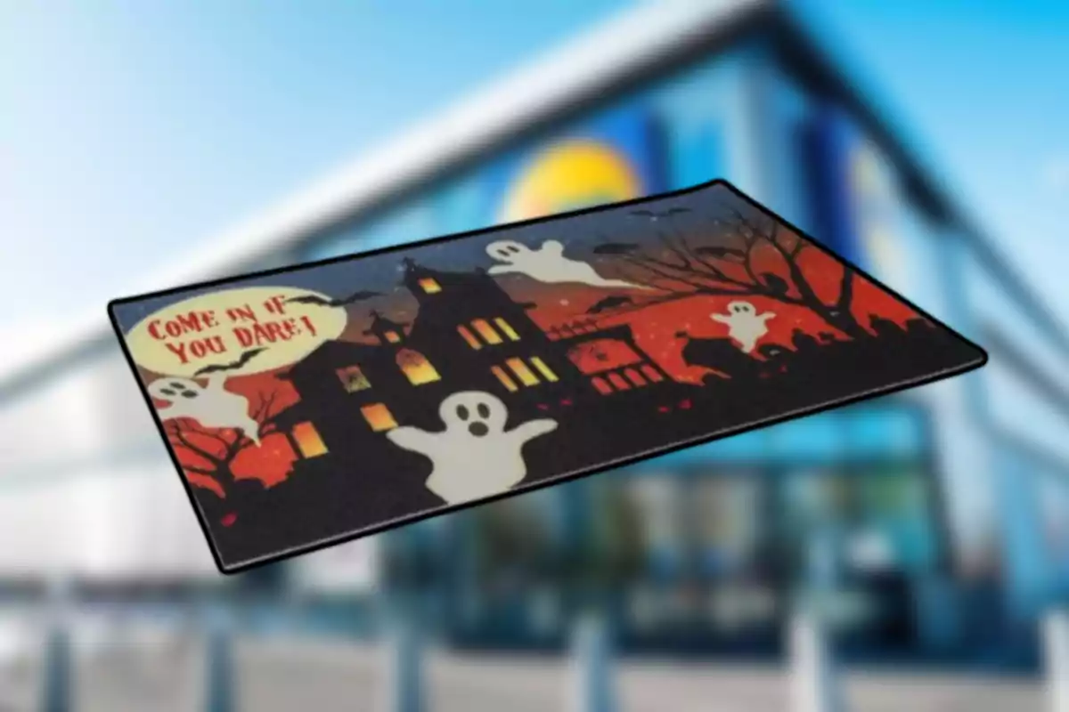 Estora decorativa de Halloween amb fantasmes i una casa encantada sobre un fons desenfocat d’una botiga Estora decorativa de Halloween amb fantasmes i una casa encantada sobre un fons desenfocat d’una botiga