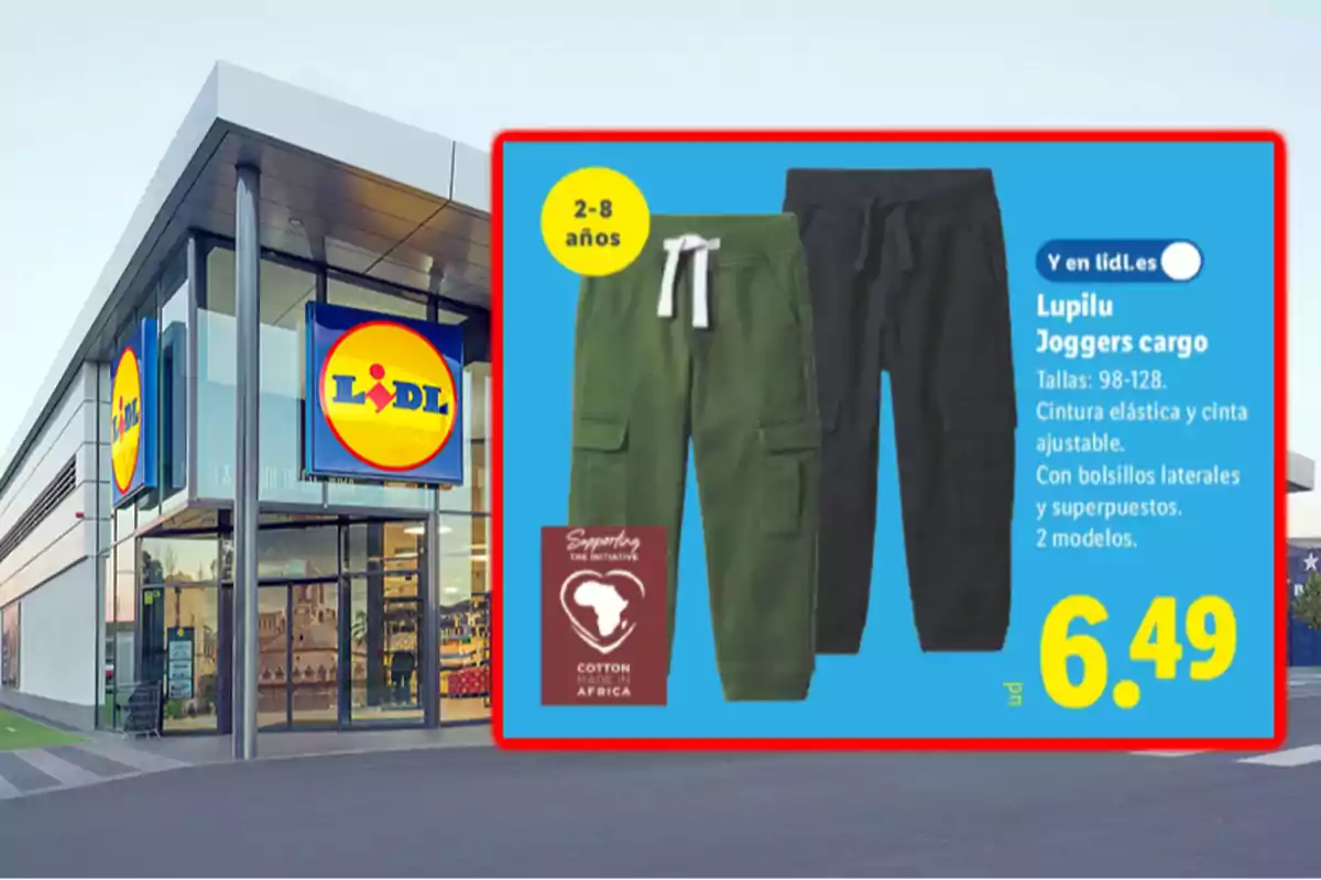 Façana d’una botiga Lidl amb un anunci de pantalons jogger cargo per a nens de 2 a 8 anys en colors verd i negre a un preu de 6,49 euros