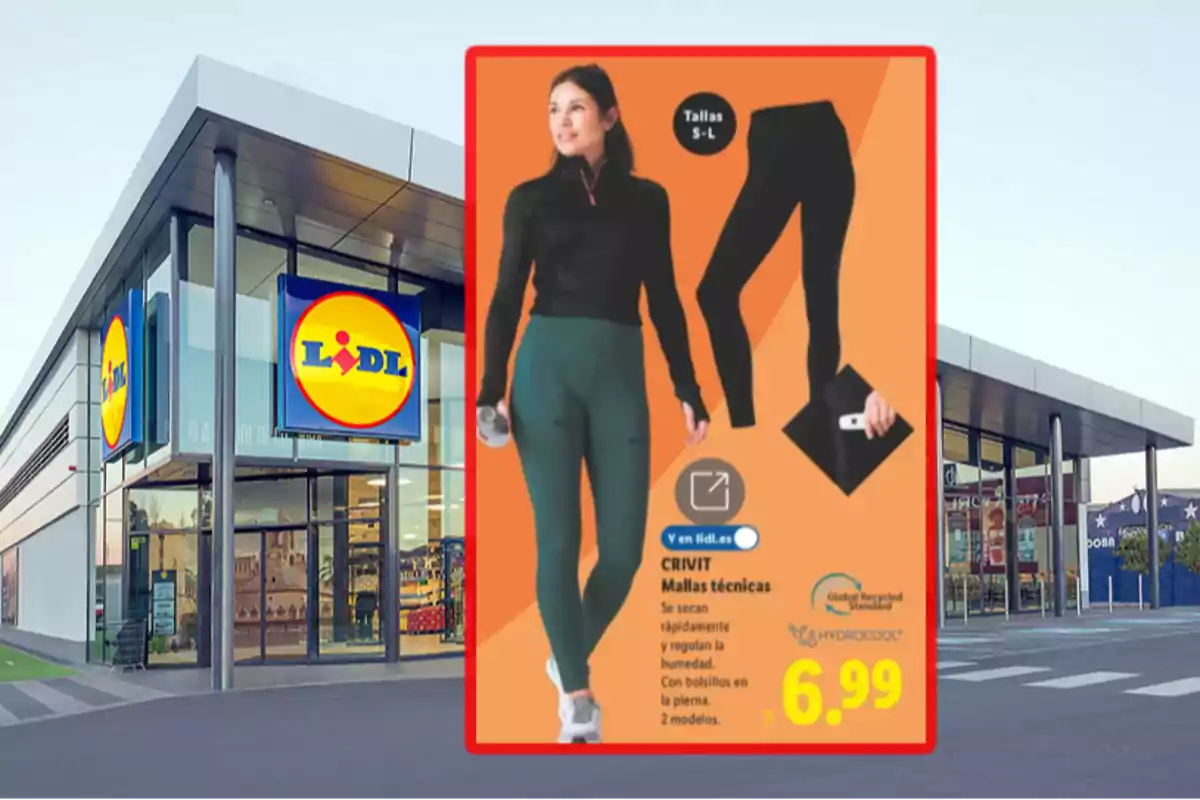 Façana d’una botiga Lidl amb un anunci de malles tècniques per a dona en primer pla mostrant el preu i les característiques del producte Façana d’una botiga Lidl amb un anunci de malles tècniques per a dona en primer pla mostrant el preu i les característiques del producte