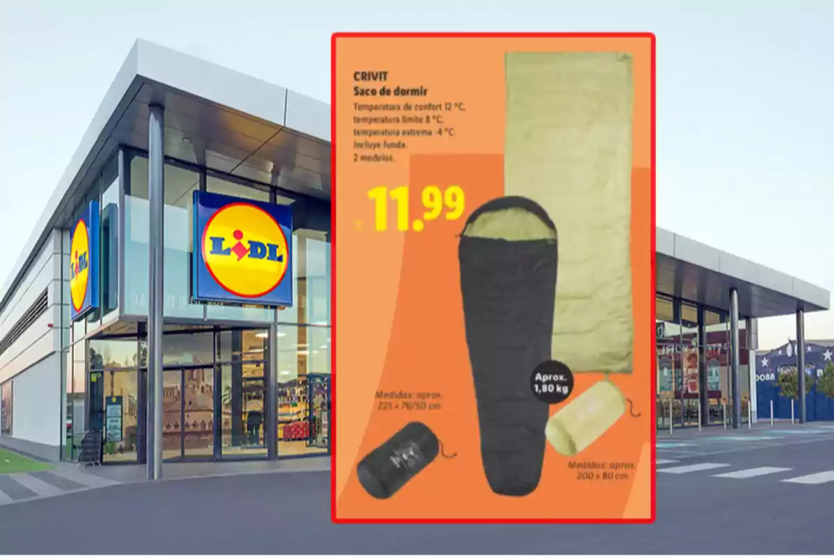 Façana d’una botiga Lidl amb un anunci de sac de dormir Crivit en oferta per 11,99 euros mostrant dos models i les seves característiques principals Façana d’una botiga Lidl amb un anunci de sac de dormir Crivit en oferta per 11,99 euros mostrant dos models i les seves característiques principals