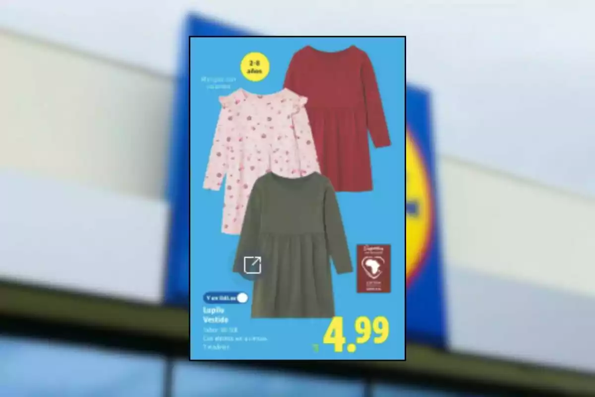 Publicidad de tienda mostrando tres vestidos infantiles de manga larga en colores rosa con estampado, rojo y verde, con precio de 4.99 euros y fondo azul