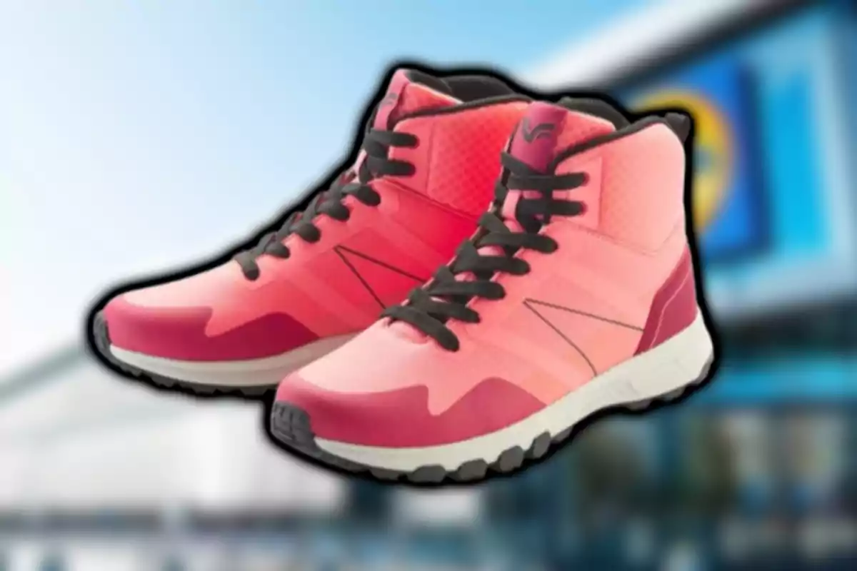 Sabates esportives de color rosa amb detalls vermells i sola blanca sobre un fons desenfocat