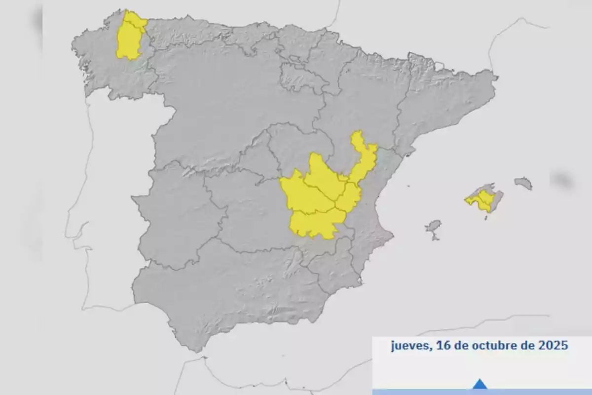 Mapa d’Espanya amb diverses comunitats autònomes ressaltades en groc i una data a la cantonada inferior dreta.