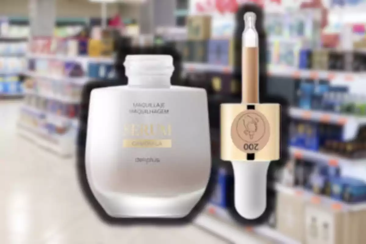 Frasco de sérum cosmético con gotero dorado sobre un fondo borroso de estanterías de supermercado Frasco de sérum cosmético con gotero dorado sobre un fondo borroso de estanterías de supermercado