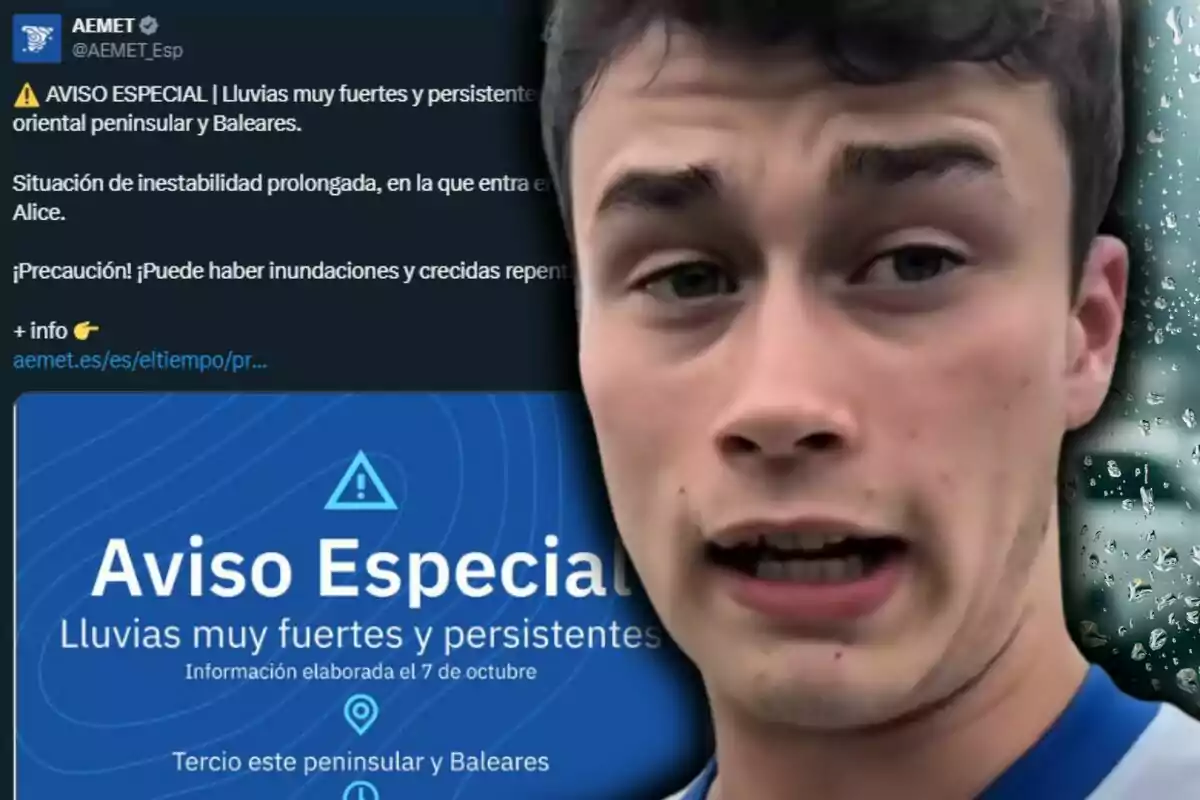 Jorge Rey amb expressió de preocupació apareix al costat d’un avís especial de pluges molt fortes i persistents emès per l’AEMET per a l’est peninsular i Balears.