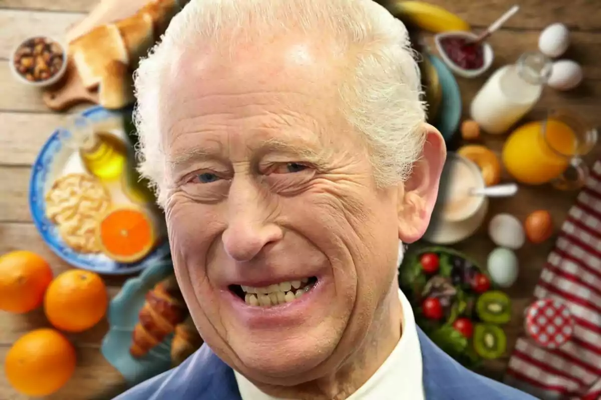 Carles III somriu davant d’una taula plena d’aliments variats per a l’esmorzar com fruita, pa, suc i ous. Carles III somriu davant d’una taula plena d’aliments variats per a l’esmorzar com fruita, pa, suc i ous.