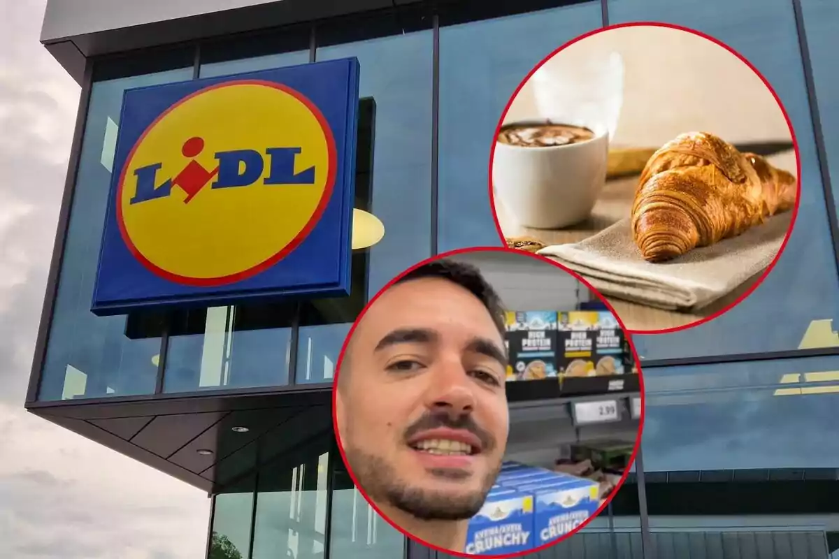 Façana d’una botiga Lidl amb el logotip visible, un home somrient a l’interior del supermercat i una imatge d’un croissant al costat d’una tassa de cafè Façana d’una botiga Lidl amb el logotip visible, un home somrient a l’interior del supermercat i una imatge d’un croissant al costat d’una tassa de cafè
