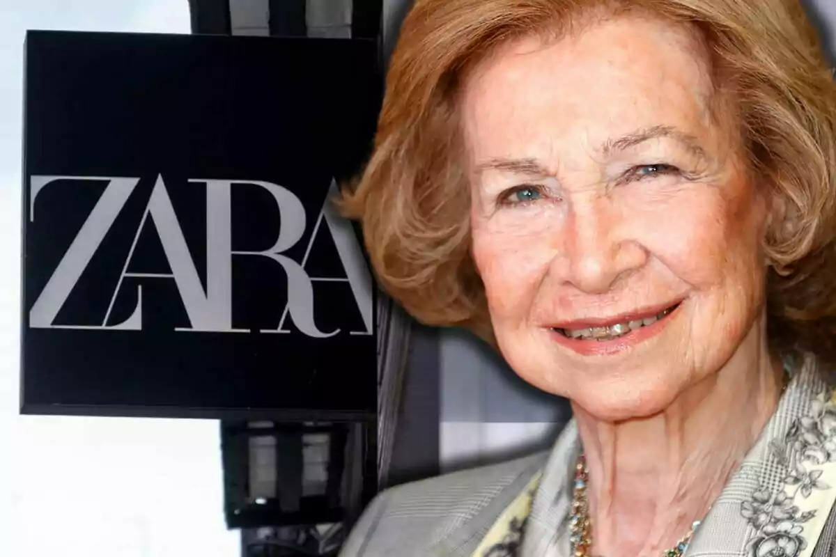 La reina Sofia somrient apareix en primer pla al costat d’un rètol de la botiga Zara.