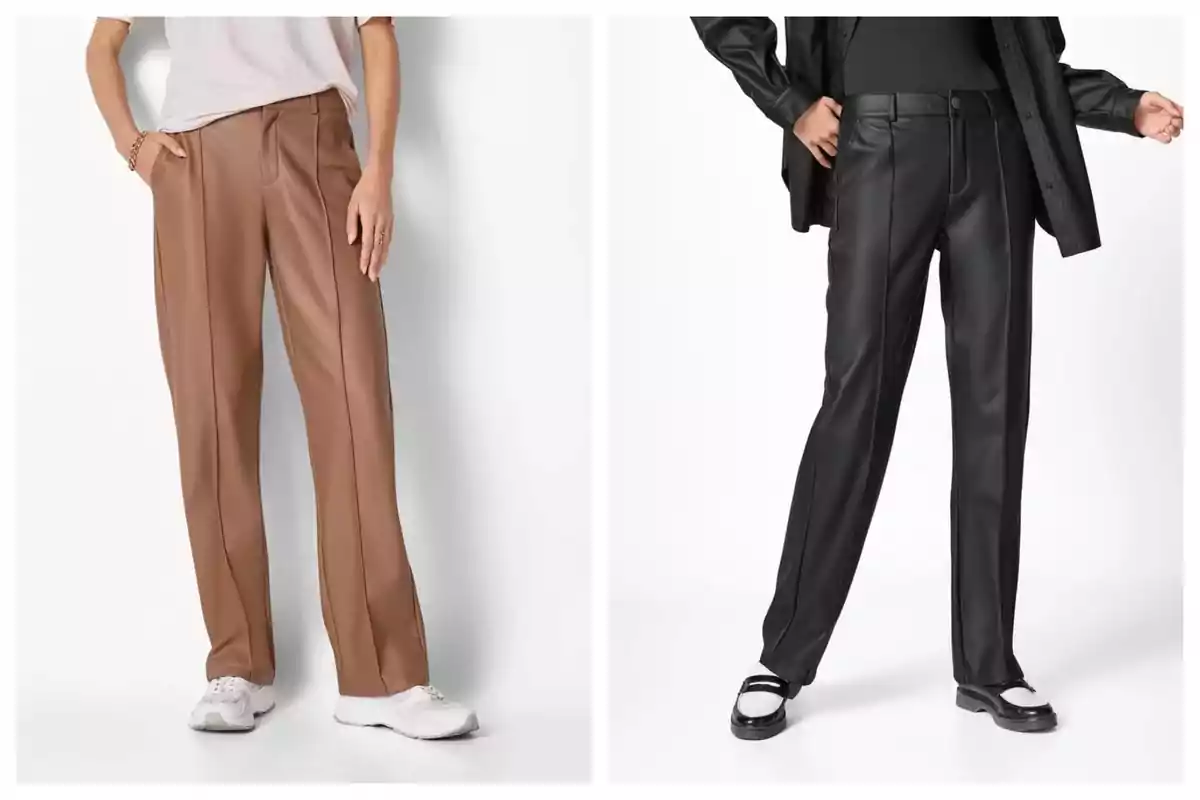 Dos mujeres modelan pantalones rectos de polipiel de Lidl, una en color marrón claro con camiseta blanca y tenis, la otra en color negro con camisa y zapatos negros.