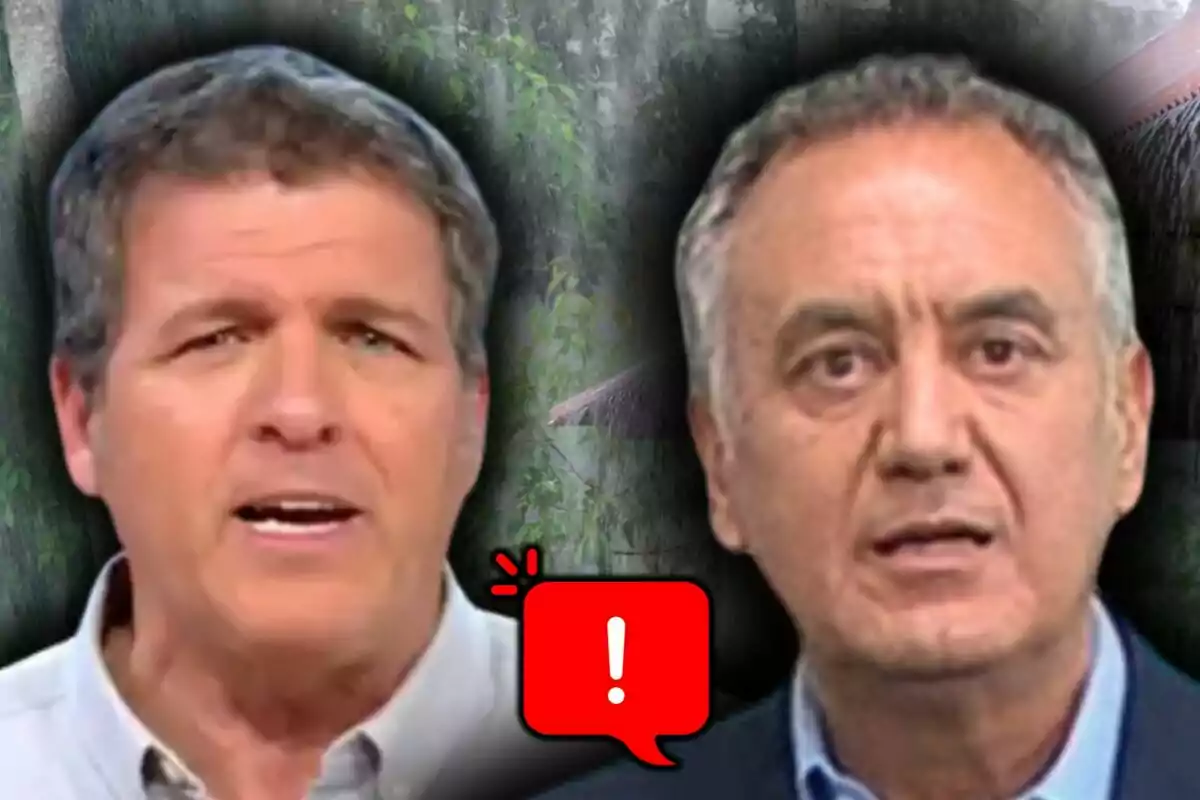 Dos hombres con expresiones serias (que son Mario Picazo y Roberto Brasero) aparecen en primer plano con un fondo difuminado de vegetación y una burbuja roja de advertencia entre ellos.