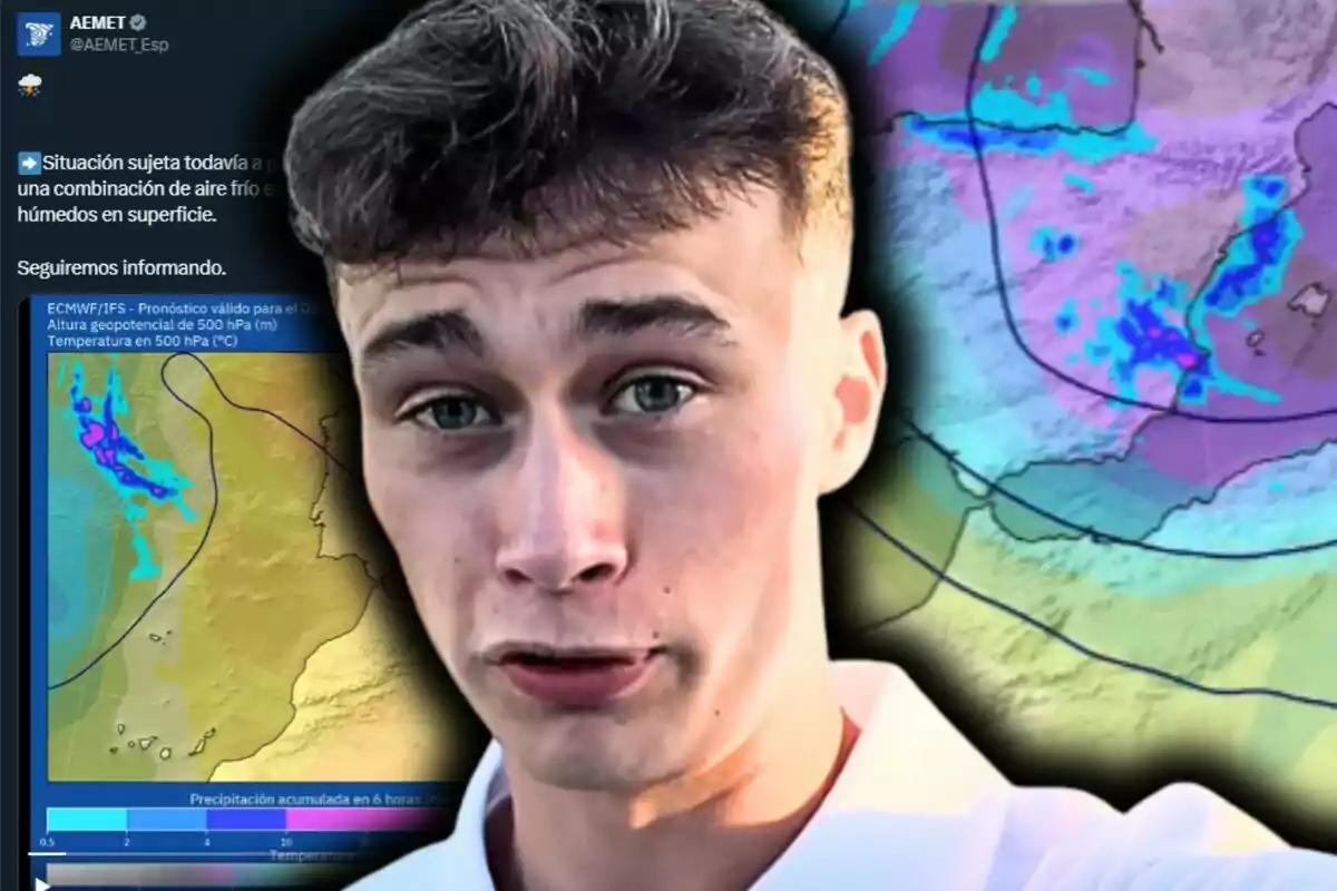 Jorge Rey amb expressió seriosa en primer pla sobre un fons de mapes meteorològics i un tuit d’alerta climàtica.