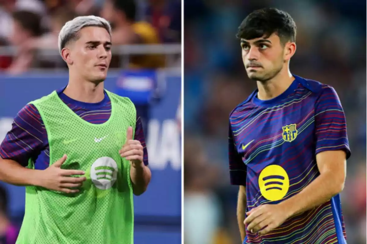 Gavi i Pedri amb l’uniforme d’entrenament, un amb peto verd i l’altre amb samarreta del club, tots dos al camp abans d’un partit.