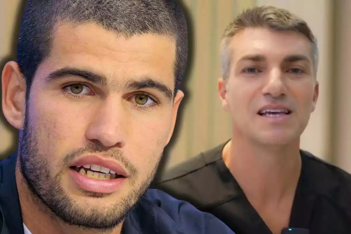 Primer pla de Carlos Alcaraz al costat de Juanjo López amb expressió seriosa sobre un fons desenfocat Primer pla de Carlos Alcaraz al costat de Juanjo López amb expressió seriosa sobre un fons desenfocat