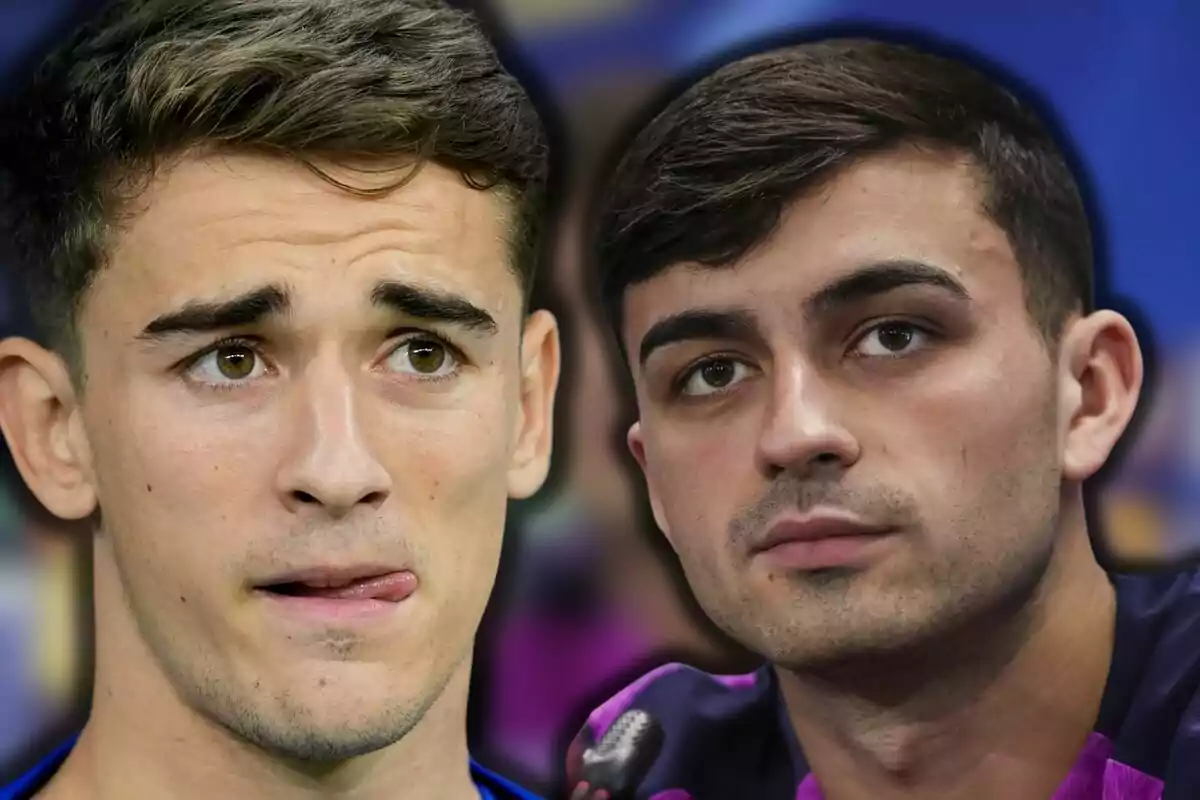 Gavi i Pedri amb expressió seriosa i fons desenfocat