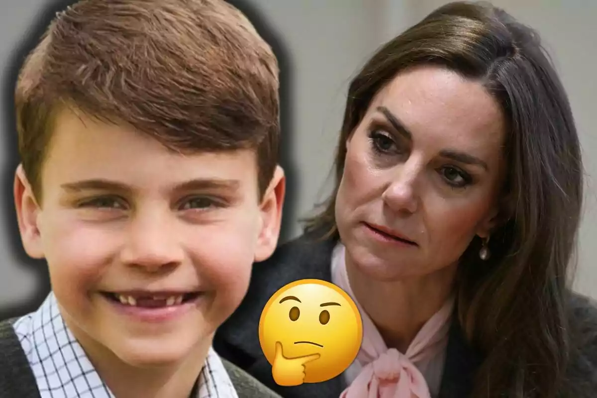 El príncep Louis somrient al costat de Kate Middleton d’expressió seriosa amb un emoji de cara pensativa al centre El príncep Louis somrient al costat de Kate Middleton d’expressió seriosa amb un emoji de cara pensativa al centre