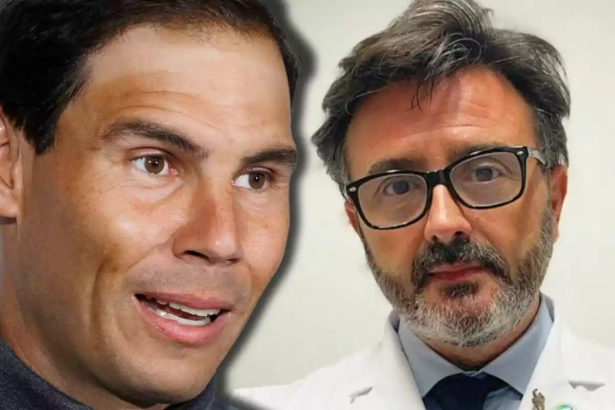 Rafa Nadal i Pedro J Delgado apareixen a la imatge, un amb expressió facial seriosa i l’altre amb bata de metge i ulleres.