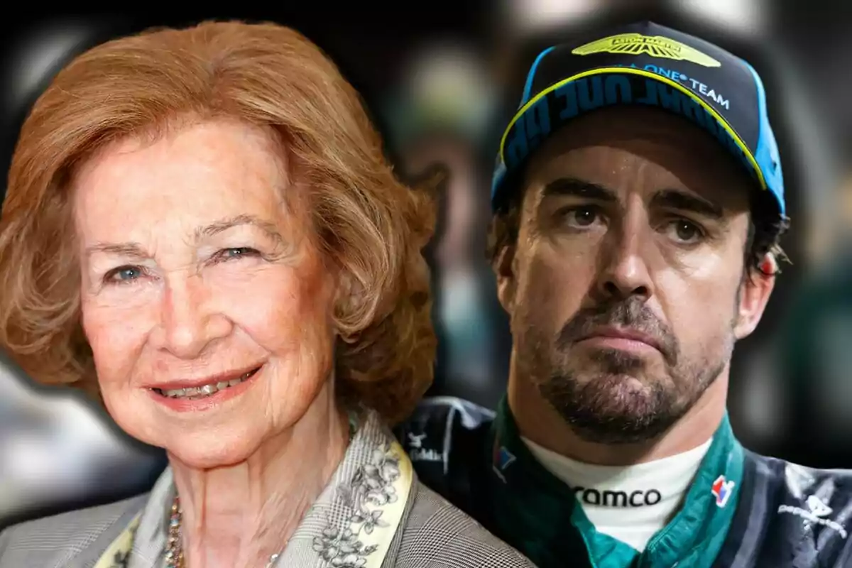 La reina Sofia somrient al costat de Fernando Alonso amb gorra esportiva i expressió seriosa La reina Sofia somrient al costat de Fernando Alonso amb gorra esportiva i expressió seriosa