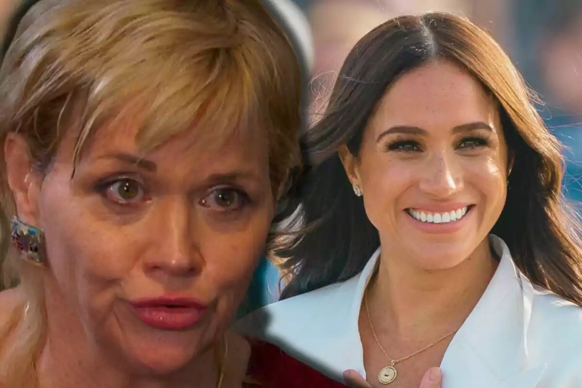 Samantha i Meghan Markle apareixen a la imatge, una de cabell ros amb expressió seriosa en primer pla i l’altra de cabell castany fosc amb un gran somriure al fons.