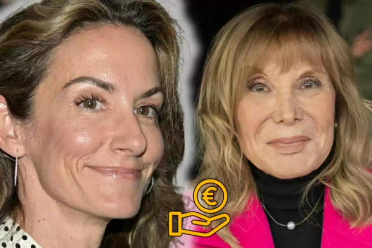 Telma Ortiz i Pilar Eyre somrients en primer pla amb una icona d’una mà sostenint una moneda d’euro a la part inferior Telma Ortiz i Pilar Eyre somrients en primer pla amb una icona d’una mà sostenint una moneda d’euro a la part inferior