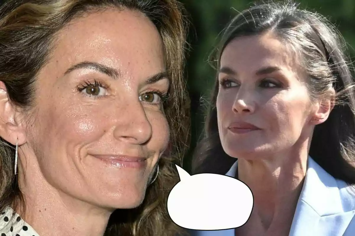 Telma Ortiz i la reina Letícia apareixen en primer pla, una d’elles somriu i l’altra té una expressió seriosa amb un globus de diàleg buit davant seu.