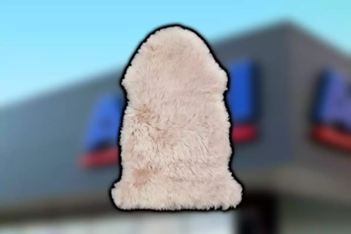 Manopla de felpa beige sobre un fondo desenfocado de edificio