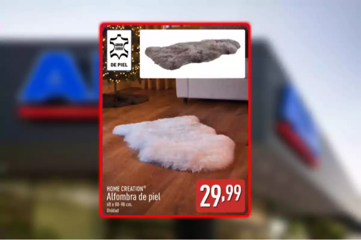 Promoción de alfombra de piel Home Creation en color blanco y gris con precio de 29,99 euros sobre un fondo de tienda difuminado