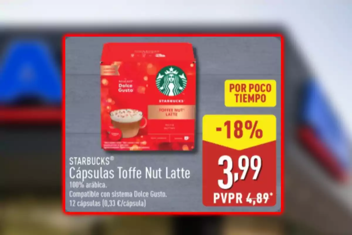 Caja de cápsulas Starbucks Toffee Nut Latte en oferta con un descuento del 18 por ciento y precio de 3,99 euros, compatible con sistema Dolce Gusto