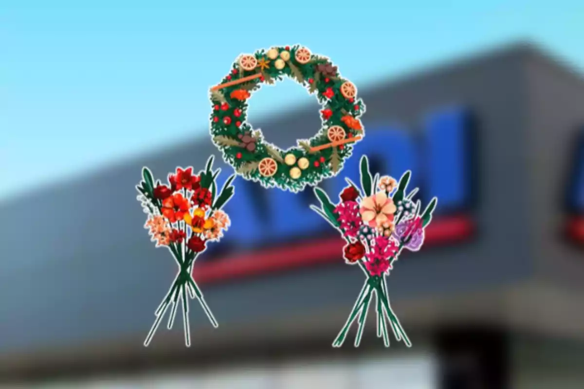 Il·lustració de dos rams de flors i una corona decorativa sobre un fons desenfocat d’edifici Il·lustració de dos rams de flors i una corona decorativa sobre un fons desenfocat d’edifici