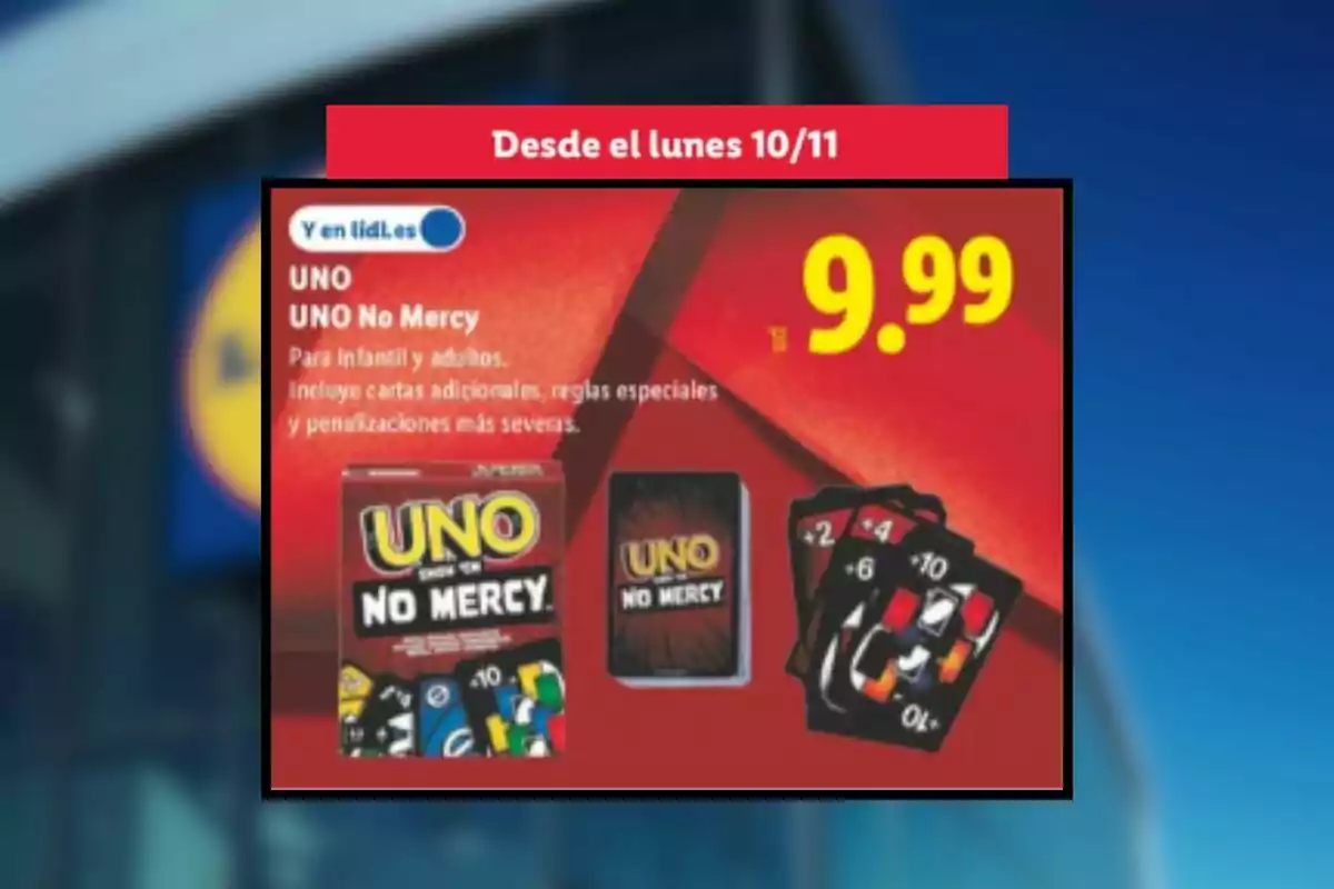 Fullet de Lidl en què apareix el joc de cartes UNO No Mercy a 9,99 euros disponible des de dilluns 10 de novembre a Lidl amb imatge de la capsa i cartes del joc sobre fons vermell.