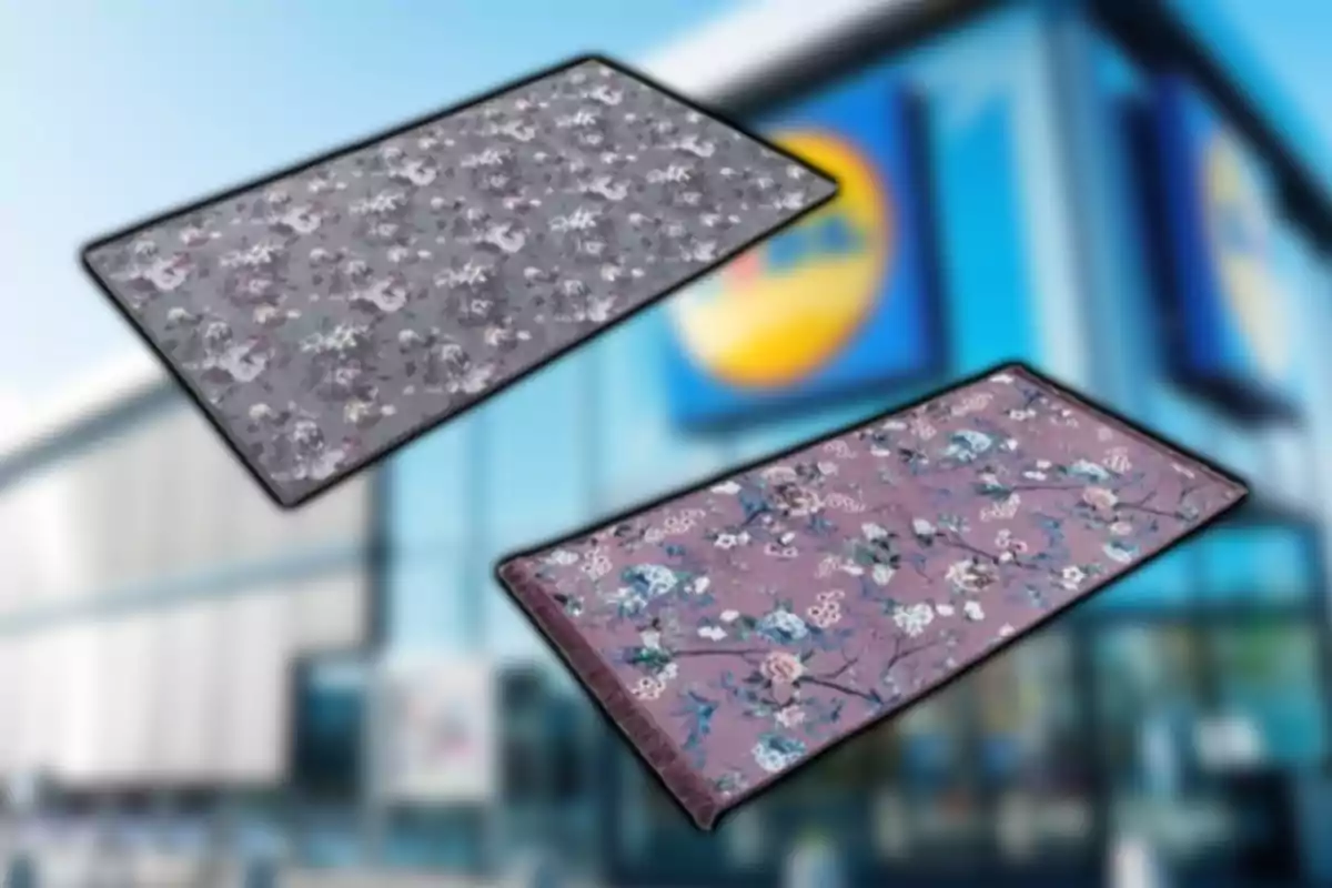 Dues catifes amb disseny floral en tons grisos i roses davant d’una botiga amb el logotip desenfocat de fons Dues catifes amb disseny floral en tons grisos i roses davant d’una botiga amb el logotip desenfocat de fons