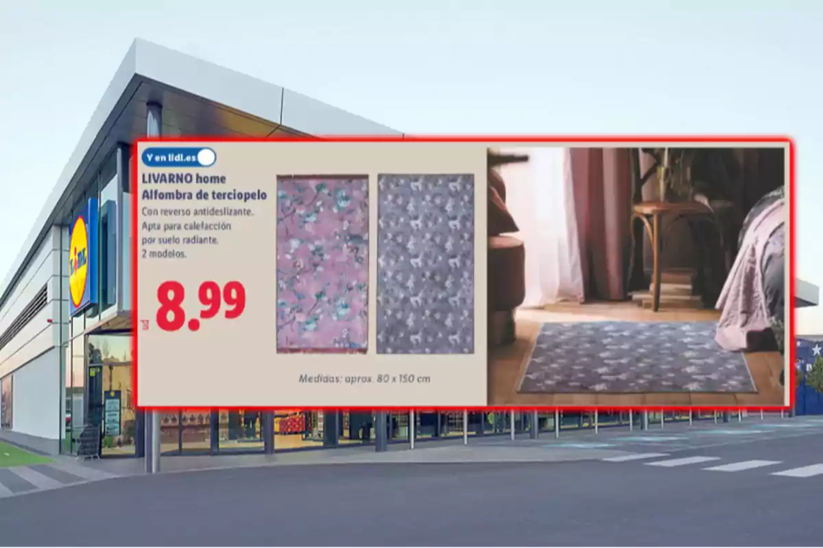 Publicitat d’una catifa de vellut Livarno Home a Lidl, disponible en dos models amb disseny floral, preu de 8,99 euros i mesures aproximades de 80 per 150 centímetres, amb fons d’una botiga Lidl. Publicitat d’una catifa de vellut Livarno Home a Lidl, disponible en dos models amb disseny floral, preu de 8,99 euros i mesures aproximades de 80 per 150 centímetres, amb fons d’una botiga Lidl.