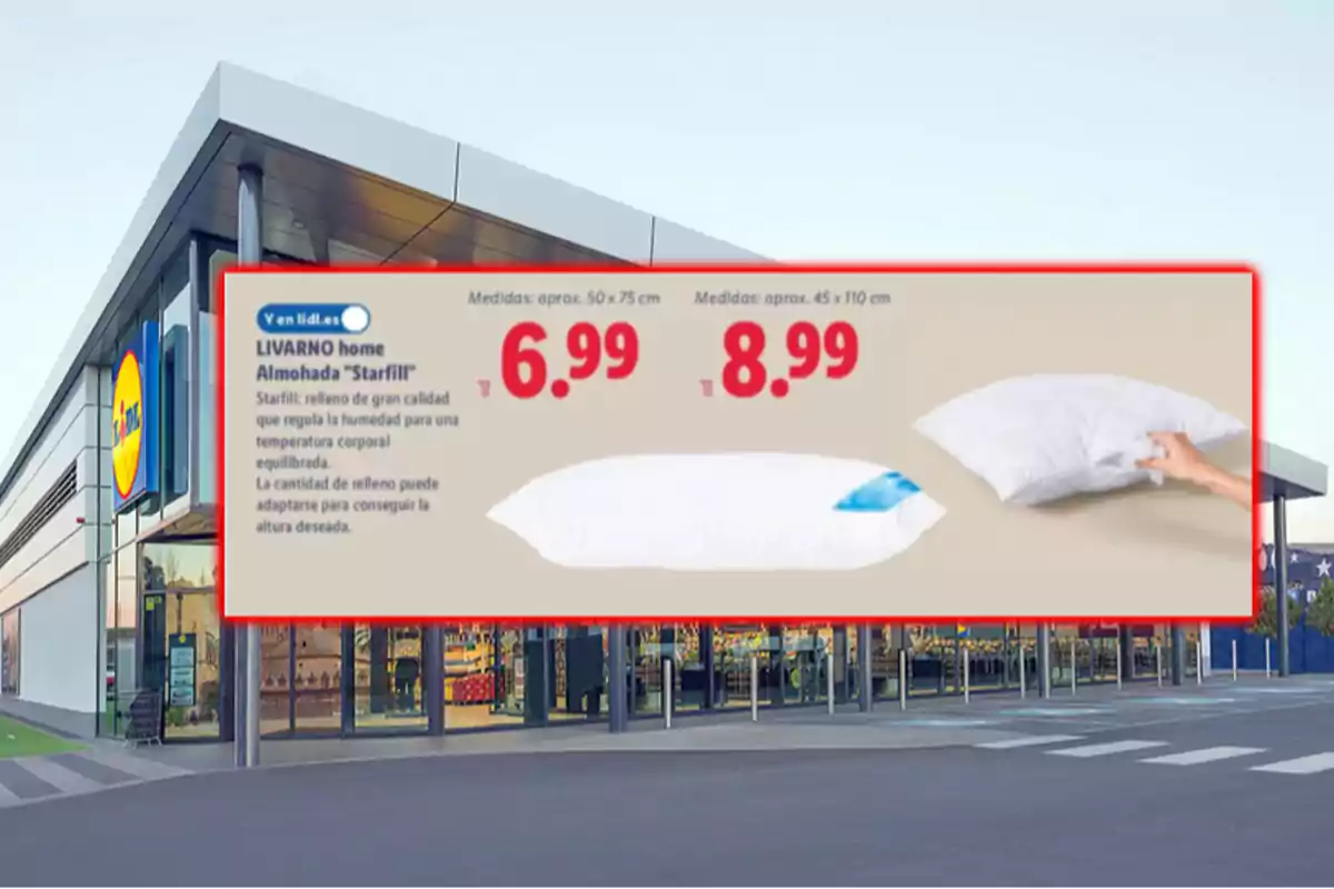 Fachada de una tienda Lidl con un anuncio de almohadas Livarno Home Starfill en dos tamaños y precios diferentes