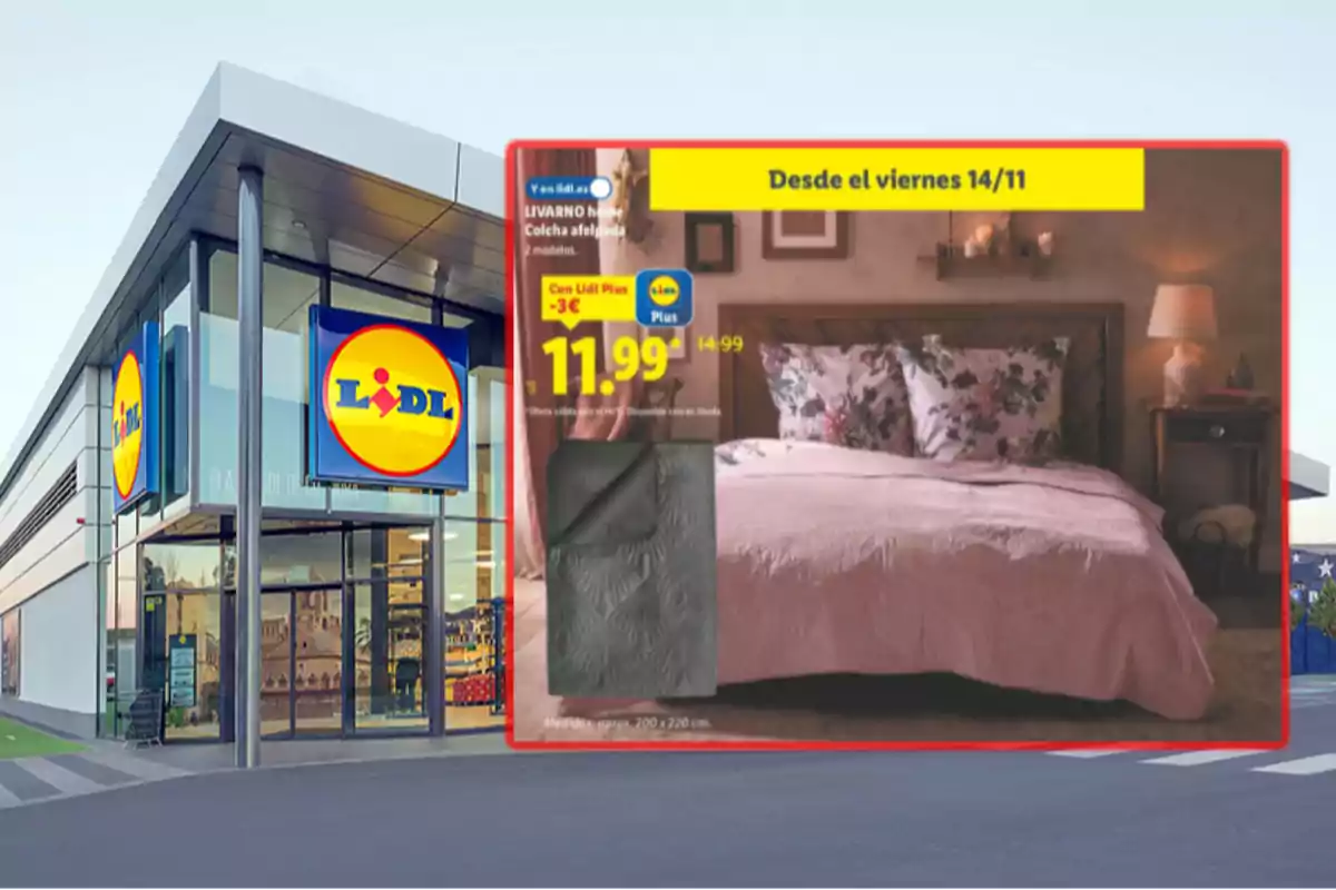 Fachada de una tienda Lidl con un anuncio de una colcha afelpada en oferta destacando el precio y la fecha de inicio de la promoción Fachada de una tienda Lidl con un anuncio de una colcha afelpada en oferta destacando el precio y la fecha de inicio de la promoción